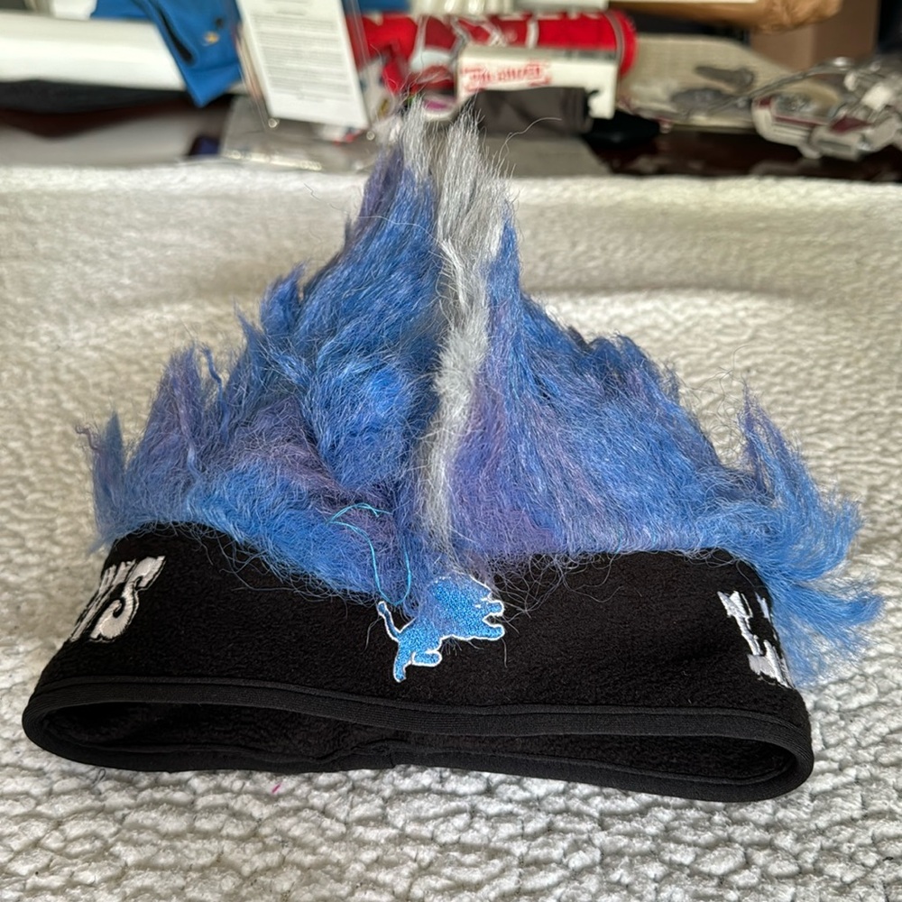Detroit Lions Fro Hat.  One size fits most.  Embroidered logo and lettering